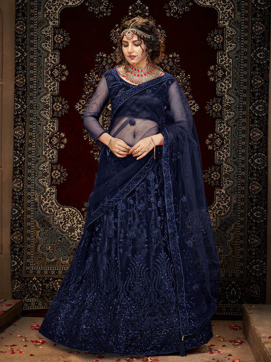 Myra Navy Blue Heavy Embroidered Net Lehenga
