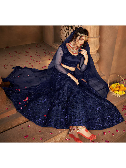Myra Navy Blue Heavy Embroidered Net Lehenga