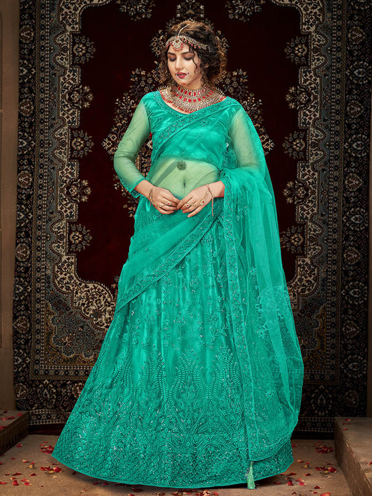 Myra Sea Green Heavy Embroidered Net Lehenga