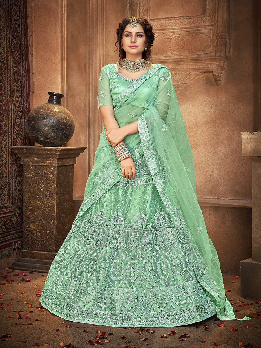 Myra Sea Green Heavy Embroidered Net Lehenga