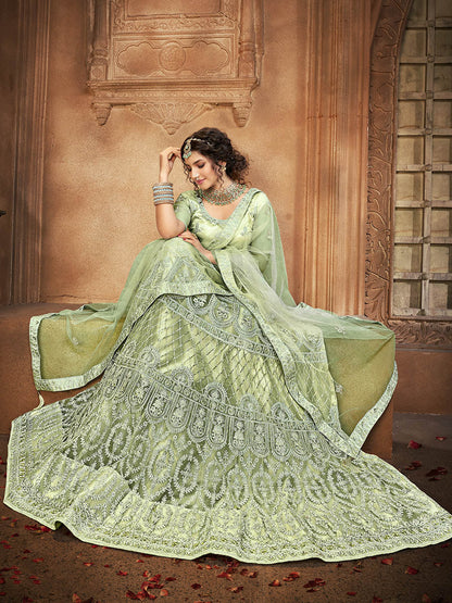 Myra Pista Heavy Embroidered Net Lehenga