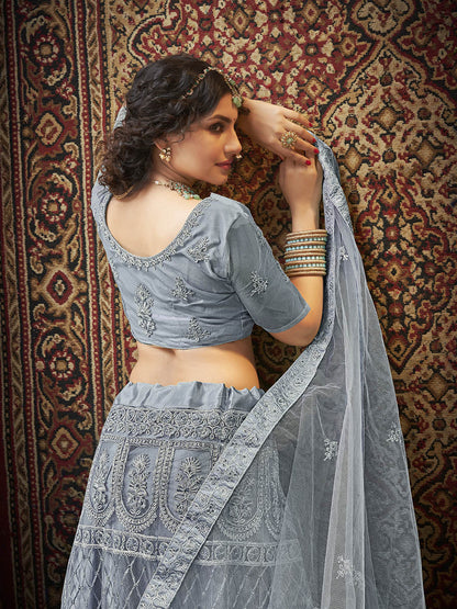 Myra Grey Heavy Embroidered Net Lehenga