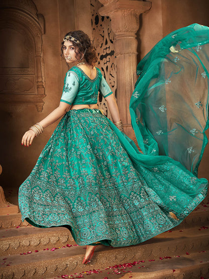 Myra Persion Green Ocean Heavy Embroidered Net Lehenga