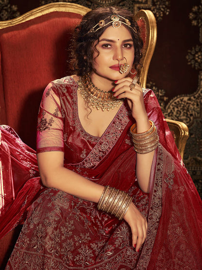 Myra Maroon Ocean Heavy Embroidered Net Lehenga