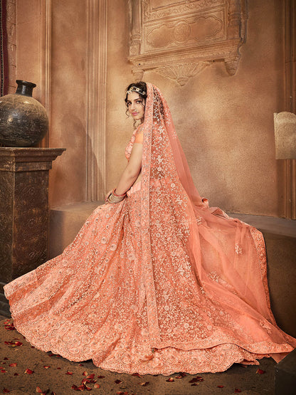 Myra Peach Heavy Embroidered Net Lehenga