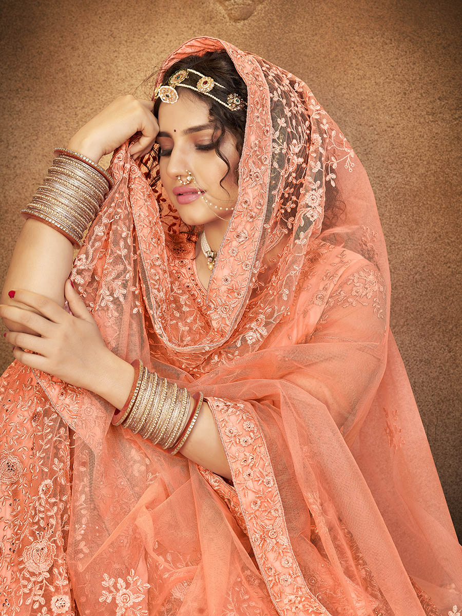 Myra Peach Heavy Embroidered Net Lehenga