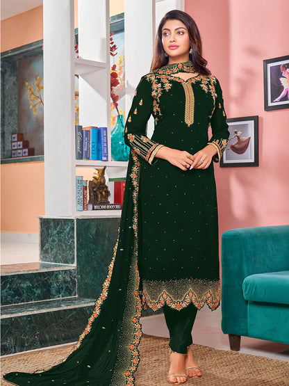 Myra Deep Green Heavy Faux Georgette Embroidered Churidar Suit