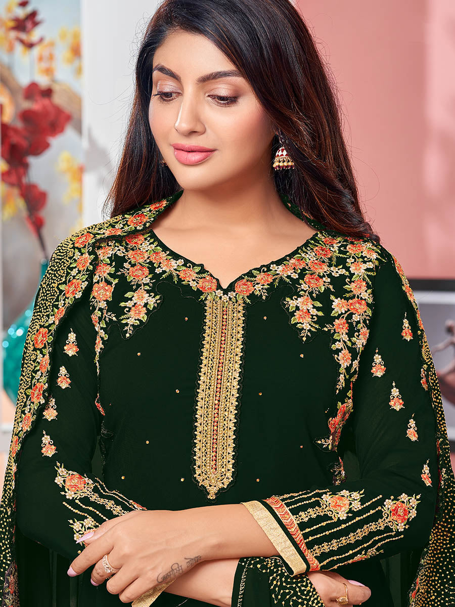 Myra Deep Green Heavy Faux Georgette Embroidered Churidar Suit