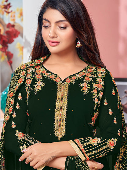 Myra Deep Green Heavy Faux Georgette Embroidered Churidar Suit