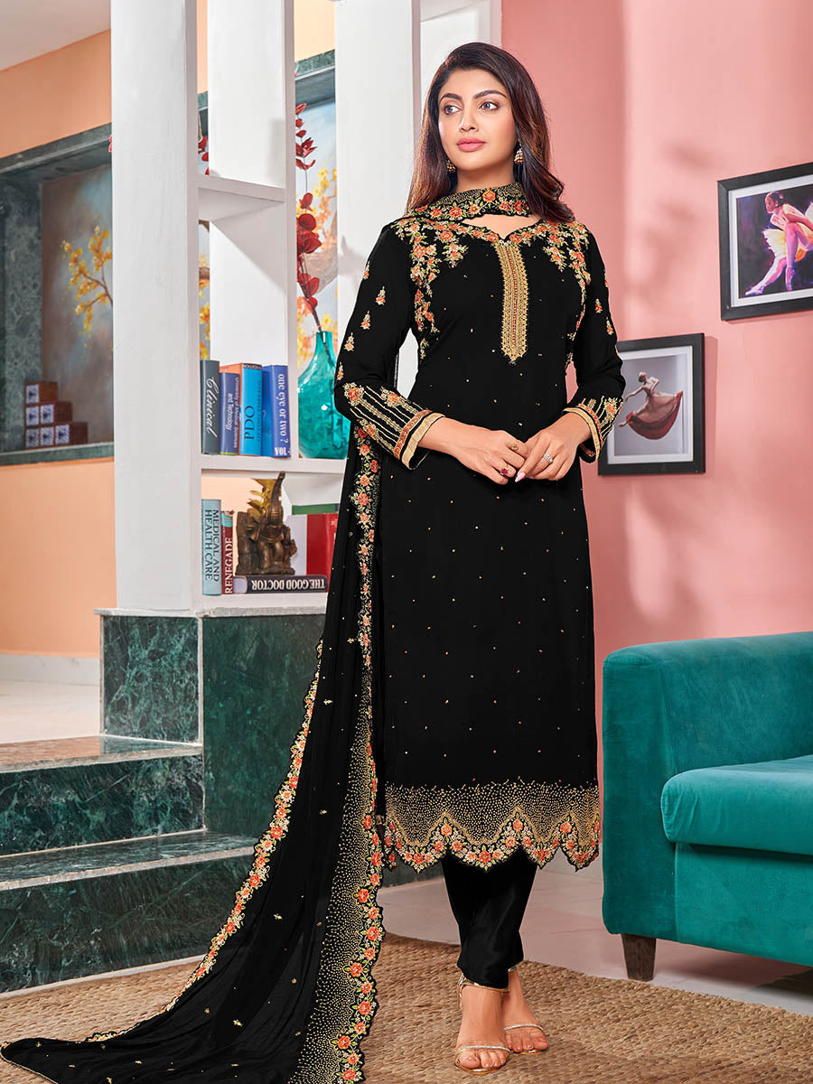 Myra Black Heavy Faux Georgette Embroidered Churidar Suit