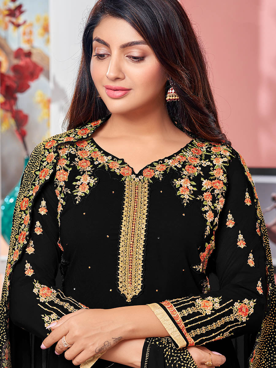 Myra Black Heavy Faux Georgette Embroidered Churidar Suit