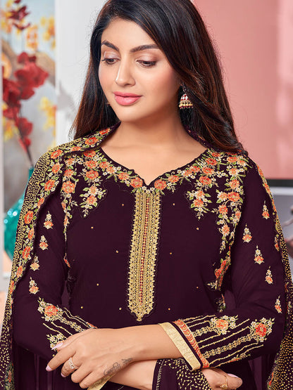 Myra Magenta Heavy Faux Georgette Embroidered Churidar Suit
