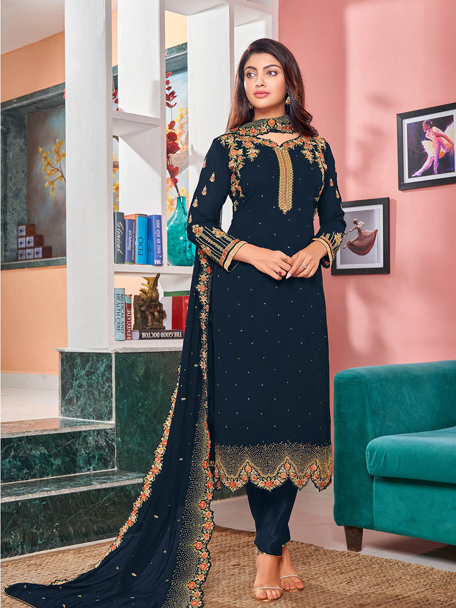 Myra Navy Blue Heavy Faux Georgette Embroidered Churidar Suit