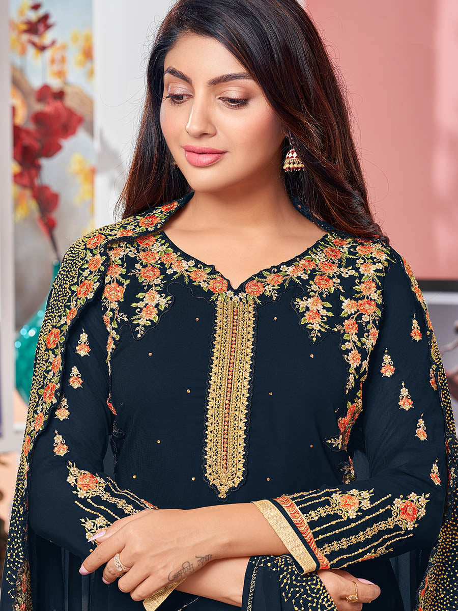 Myra Navy Blue Heavy Faux Georgette Embroidered Churidar Suit