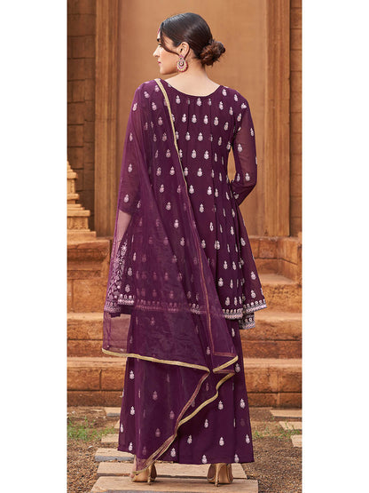 Myra Purple heavy Georgette Koti Style Embroidered Sharara Suit