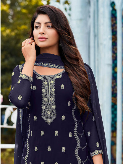 Myra Navy Blue Heavy Faux Georgette Embroidered Pant Style Suit