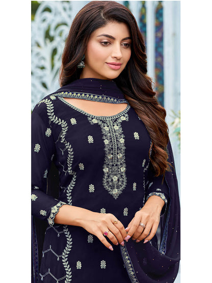 Myra Navy Blue Heavy Faux Georgette Embroidered Pant Style Suit