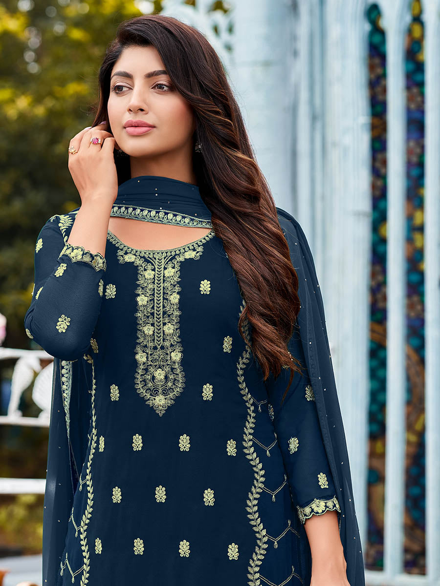 Myra Royal Blue Heavy Faux Georgette Embroidered Pant Style Suit