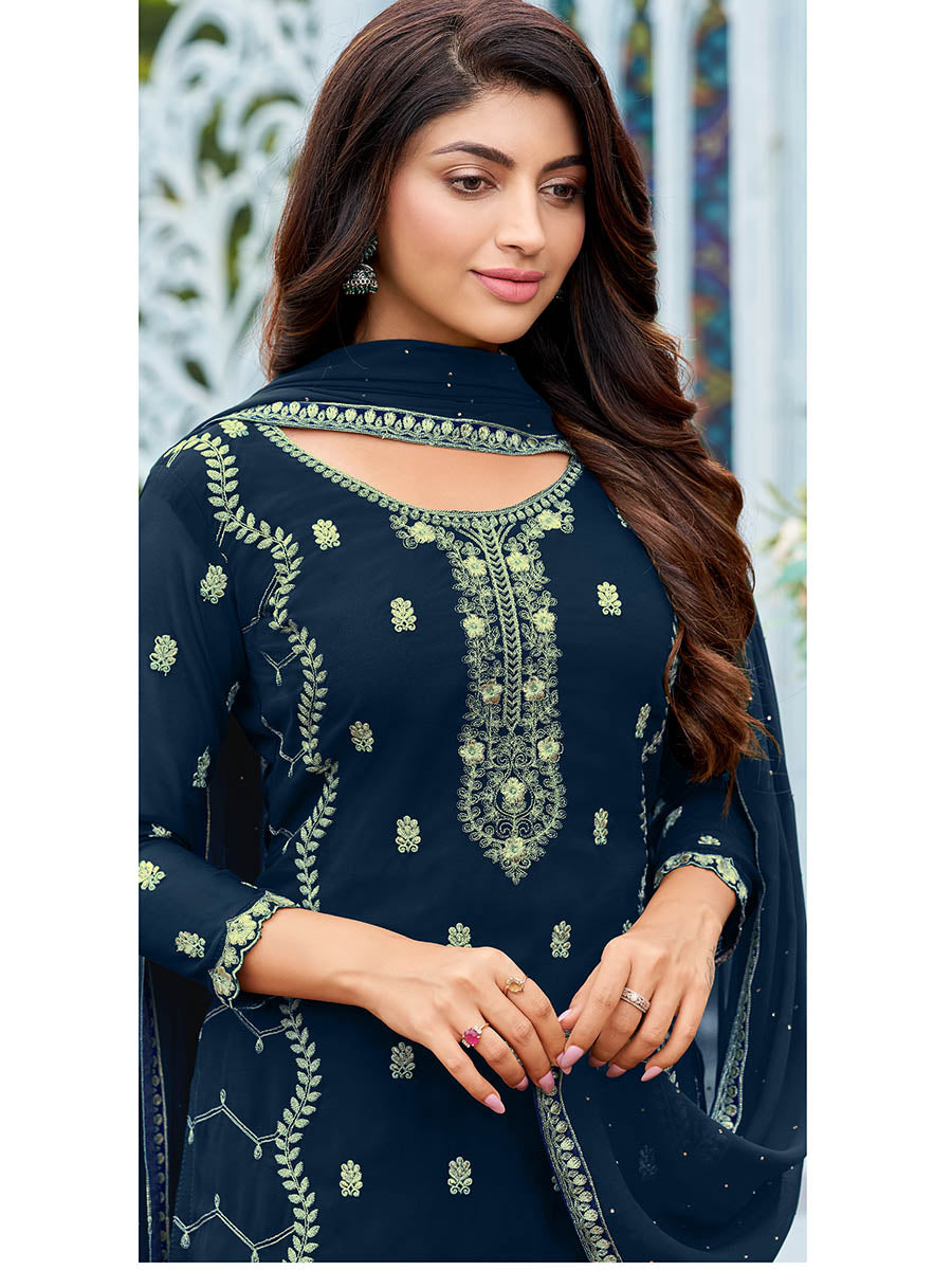 Myra Royal Blue Heavy Faux Georgette Embroidered Pant Style Suit