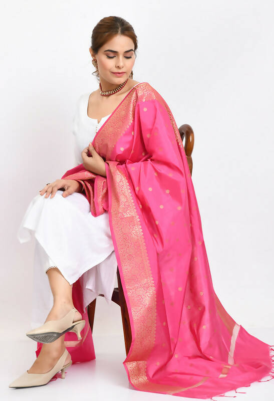 Mominos Fashion Moeza Women's Banarsi Silk Woven Design Pink Dupatta