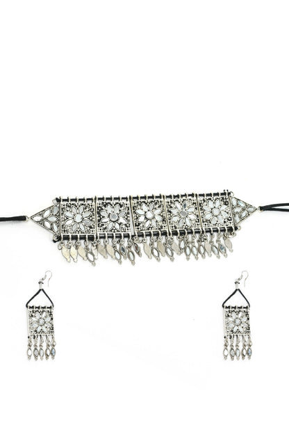Mominos Fashion Johar Kamal Women Silver-Plated Brass Finish Mirror Work Choker