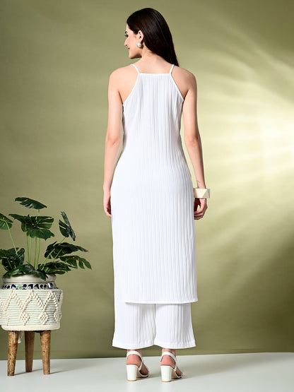 Myshka Women's Self Design Shoulder Straps Kurta & Palazzos Sets in White Color