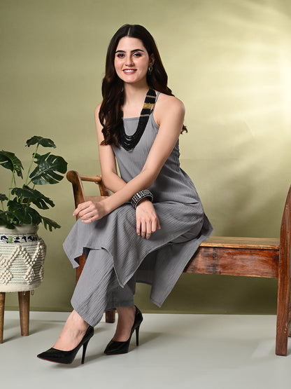 Myshka Women's Self Design Shoulder Straps Kurta & Palazzos Sets in Grey Color