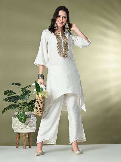 Myshka Women's Embroidered Keyhole Neck Bell Sleeves Kurta & Palazzos Sets in White Color
