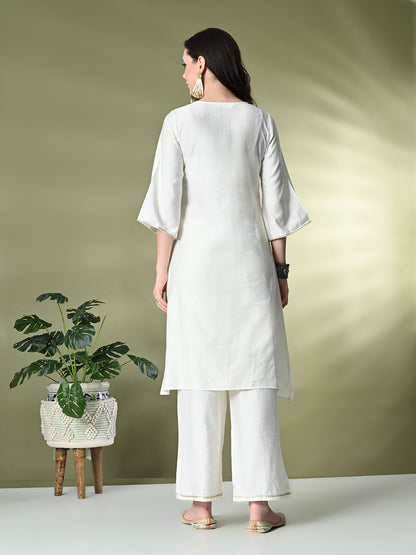 Myshka Women's Embroidered Keyhole Neck Bell Sleeves Kurta & Palazzos Sets in White Color
