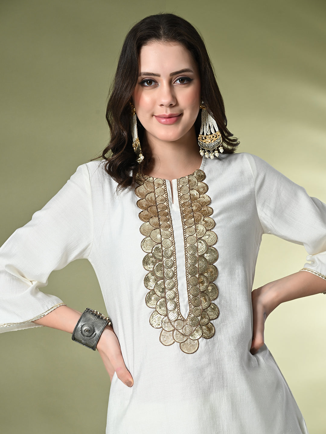 Myshka Women's Embroidered Keyhole Neck Bell Sleeves Kurta & Palazzos Sets in White Color