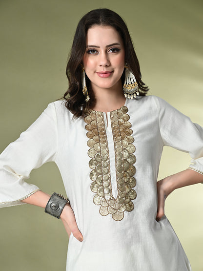 Myshka Women's Embroidered Keyhole Neck Bell Sleeves Kurta & Palazzos Sets in White Color