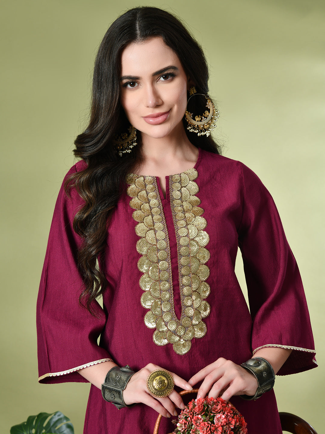 Myshka Women's Embroidered Keyhole Neck Bell Sleeves Kurta & Palazzos Sets in Magenta Color