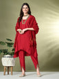 Myshka Women's Solid V-Neck Bell Sleeves Kurta & Dhoti Pants With Dupatta Sets in Red Color