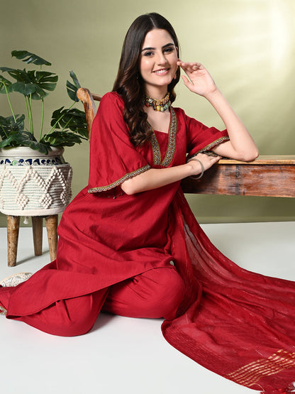 Myshka Women's Solid V-Neck Bell Sleeves Kurta & Dhoti Pants With Dupatta Sets in Red Color