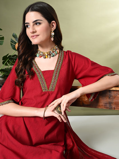 Myshka Women's Solid V-Neck Bell Sleeves Kurta & Dhoti Pants With Dupatta Sets in Red Color