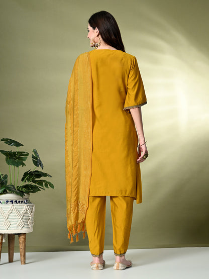 Myshka Women's Solid V-Neck Bell Sleeves Kurta & Dhoti Pants With Dupatta Sets in Mustard Color
