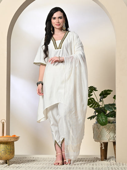 Myshka Women's Solid V-Neck Bell Sleeves Kurta & Dhoti Pants With Dupatta Sets in White Color
