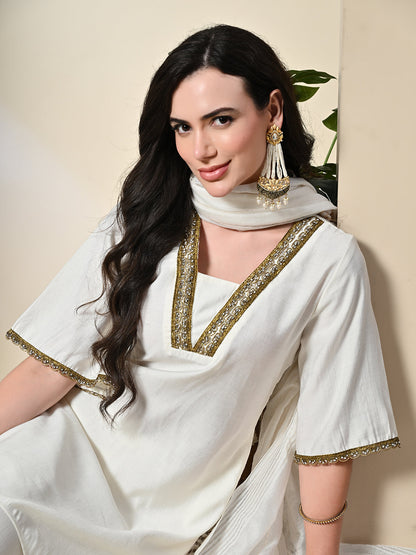 Myshka Women's Solid V-Neck Bell Sleeves Kurta & Dhoti Pants With Dupatta Sets in White Color