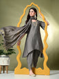 Myshka Women's Solid V-Neck Bell Sleeves Kurta & Dhoti Pants With Dupatta Sets in Grey Color