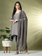 Myshka Women's Solid V-Neck Bell Sleeves Kurta & Dhoti Pants With Dupatta Sets in Grey Color