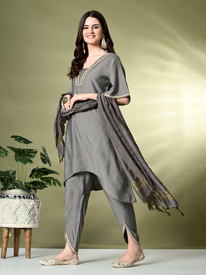 Myshka Women's Solid V-Neck Bell Sleeves Kurta & Dhoti Pants With Dupatta Sets in Grey Color