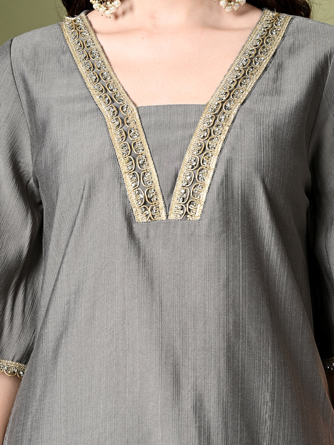 Myshka Women's Solid V-Neck Bell Sleeves Kurta & Dhoti Pants With Dupatta Sets in Grey Color