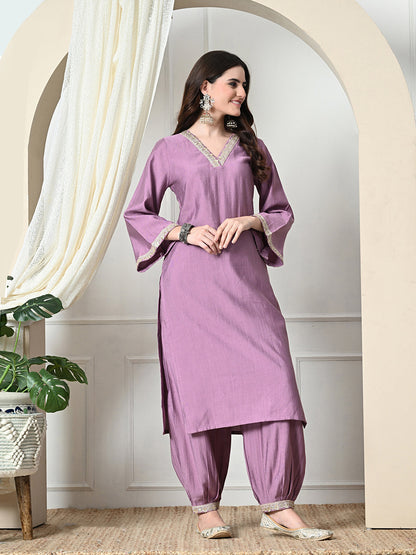 Myshka Women's Embroidered V-Neck Bell Sleeves Kurta & Salwar With Dupatta Sets in Lavender Color