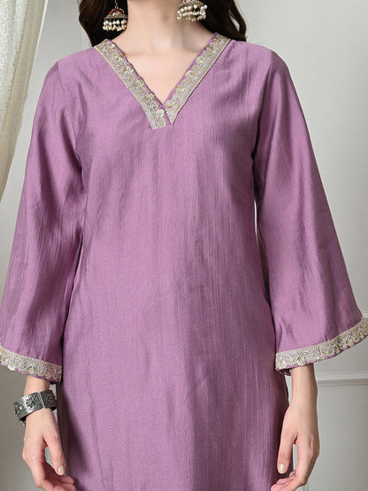 Myshka Women's Embroidered V-Neck Bell Sleeves Kurta & Salwar With Dupatta Sets in Lavender Color