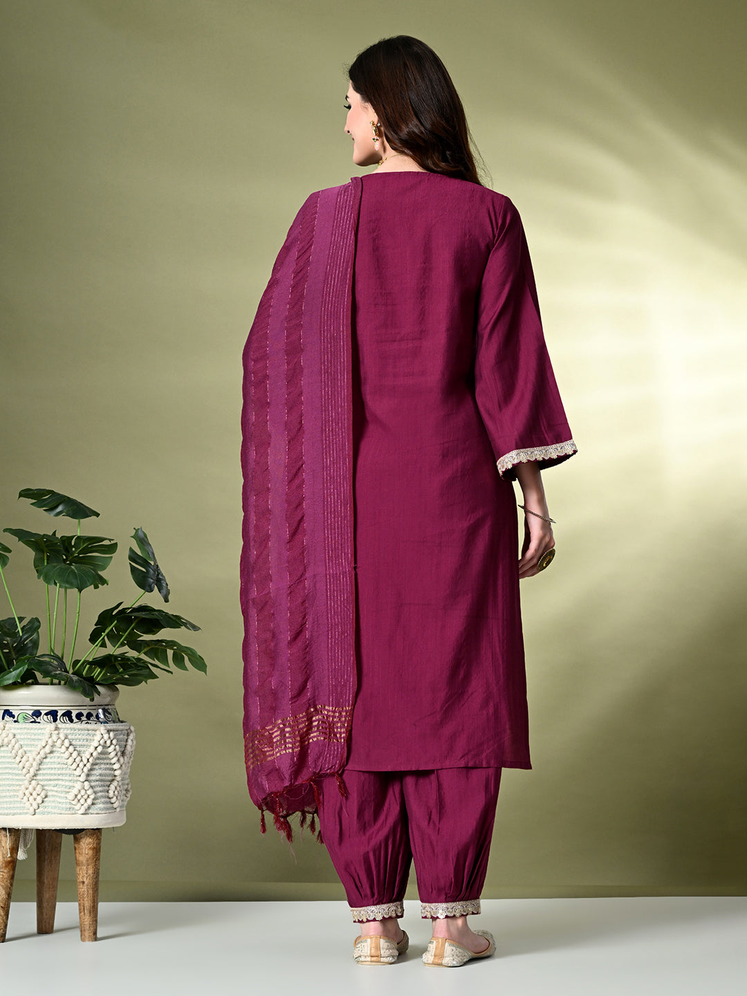 Myshka Women's Embroidered V-Neck Bell Sleeves Kurta & Salwar With Dupatta Sets in Magenta Color