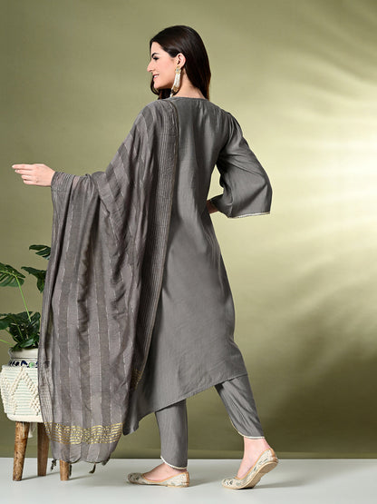 Myshka Women's Embroidered V-Neck Bell Sleeves Kurta & Dhoti Pants With Dupatta Sets in Grey Color