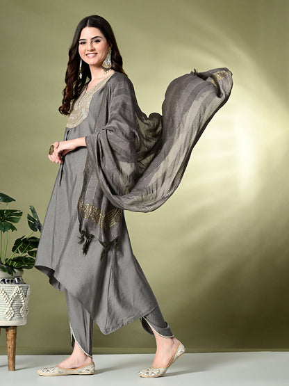 Myshka Women's Embroidered V-Neck Bell Sleeves Kurta & Dhoti Pants With Dupatta Sets in Grey Color