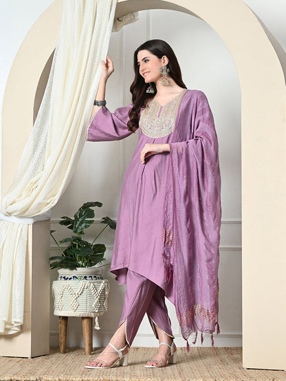 Myshka Women's Embroidered V-Neck Bell Sleeves Kurta & Dhoti Pants With Dupatta Sets in Lavender Color