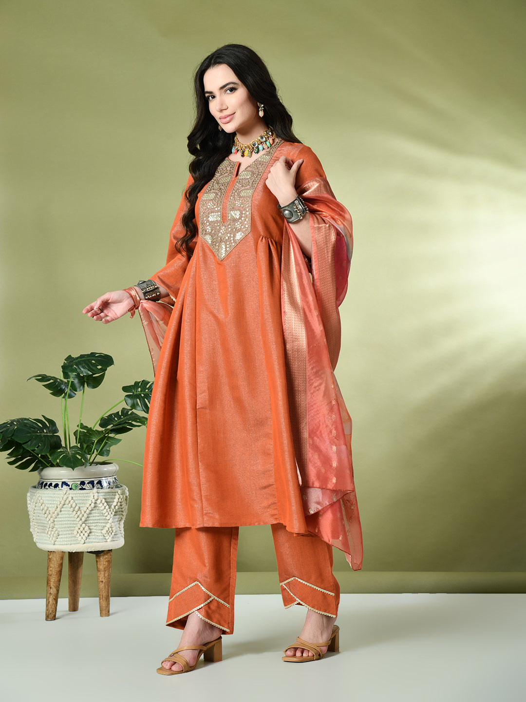 Myshka Women's Embroidered Keyhole Neck Bell Sleeves Kurta & Palazzos With Dupatta Sets in Orange Color