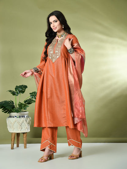 Myshka Women's Embroidered Keyhole Neck Bell Sleeves Kurta & Palazzos With Dupatta Sets in Orange Color